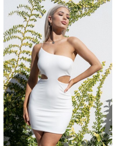 Women Bodycon Dresses White One-Shoulder Cut Out Asymmetrical Sleeveless Pencil Dress Sexy Summer