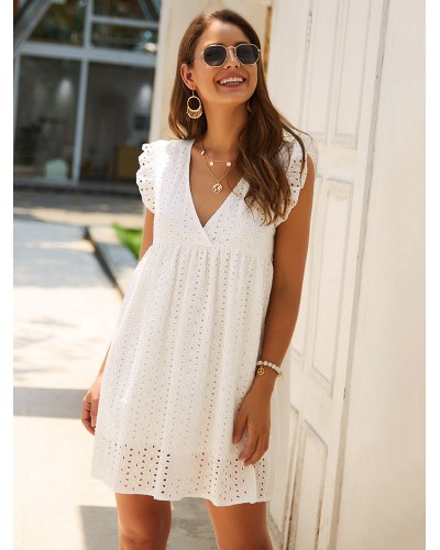 Women White Shift Dresses Short Sleeve V-Neck Cotton Attractive Tunic Dress Summer