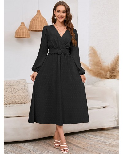 Women Midi Dresses V-Neck Lantern Sleeves Sash Chiffon Knee Length Dress Bodycon Spring Fall