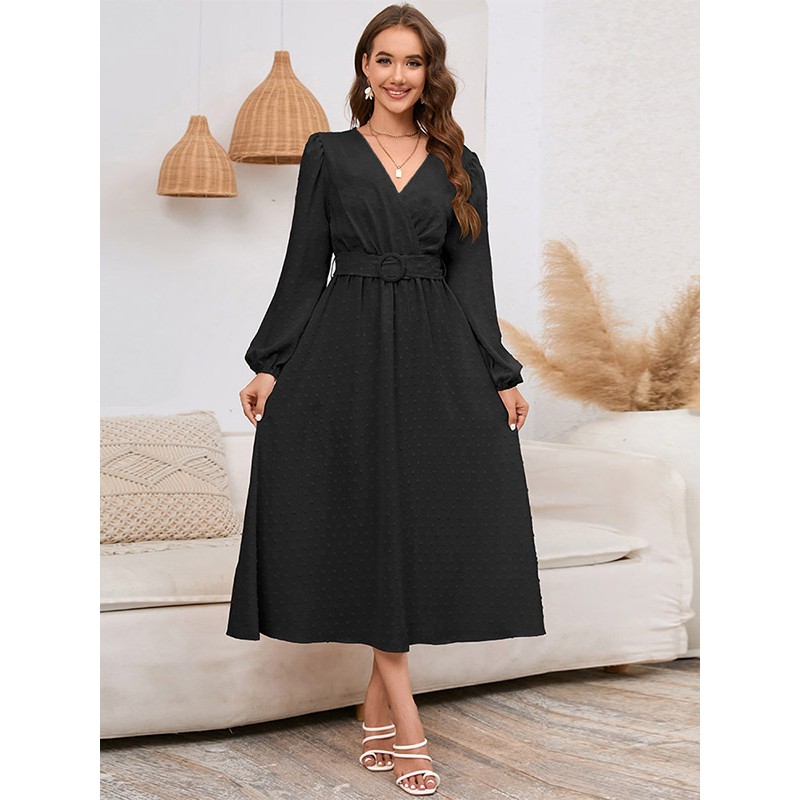 Women Midi Dresses V-Neck Lantern Sleeves Sash Chiffon Knee Length Dress Bodycon Spring Fall