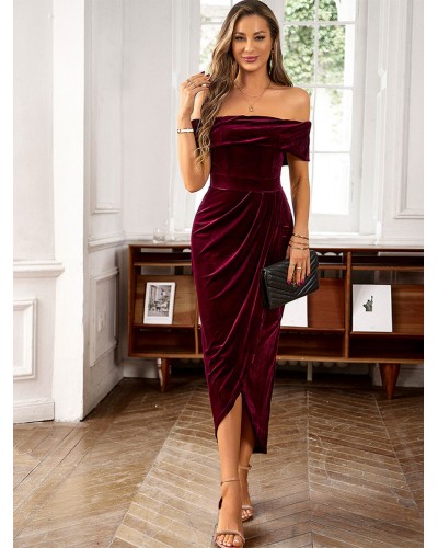 Dresses Burgundy Bateau Neck Pleated Short Sleeves Semi Formal Dress Bodycon Party Dating