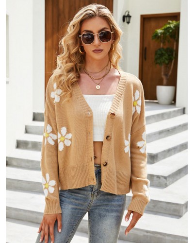 Women Knit Cardigan Camel Long Sleeves Floral Print V-Neck Button Relaxed Fit Spring Fall Outerwear Casual Field Street Wear