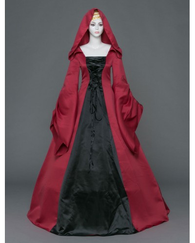 Women Victorian Dress Costume ’s Vintage Costume Brick Red Hooded Long Retro Costumes Halloween Sets Gothic