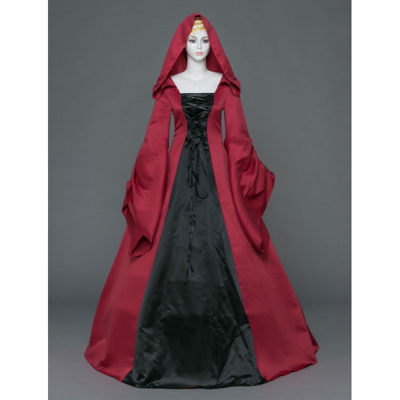 Women Victorian Dress Costume ’s Vintage Costume Brick Red Hooded Long Retro Costumes Halloween Sets Gothic