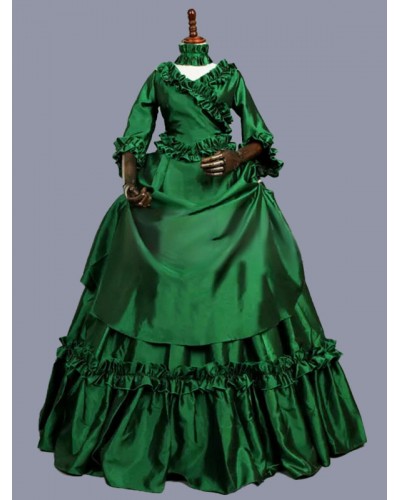 Women Green Costumes 's Marie Antoinette Costume Floral Print Ruffles Polyester Dress Masquerade Ball Gown Tunic Retro