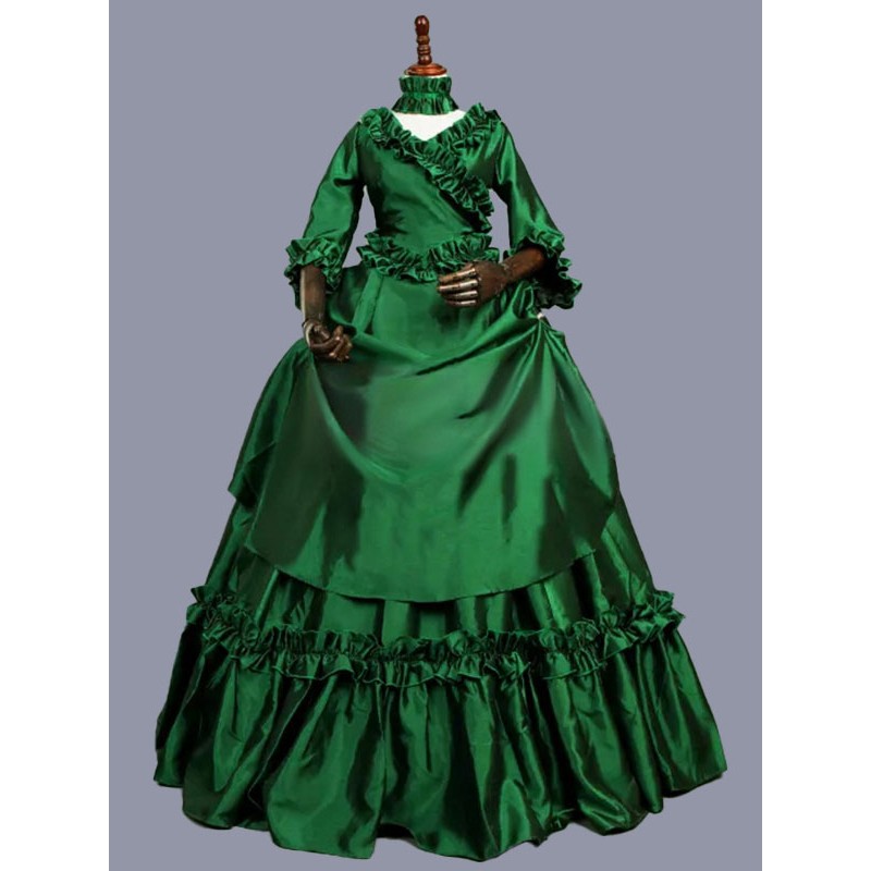 Women Green Costumes 's Marie Antoinette Costume Floral Print Ruffles Polyester Dress Masquerade Ball Gown Tunic Retro