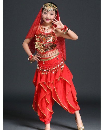 Kids Halloween Costumes Red Christmas Set Kid's Polyester Fiber Chiffon Headwear Waist Chain Dancing Family Celebration Ball Belly Dancing