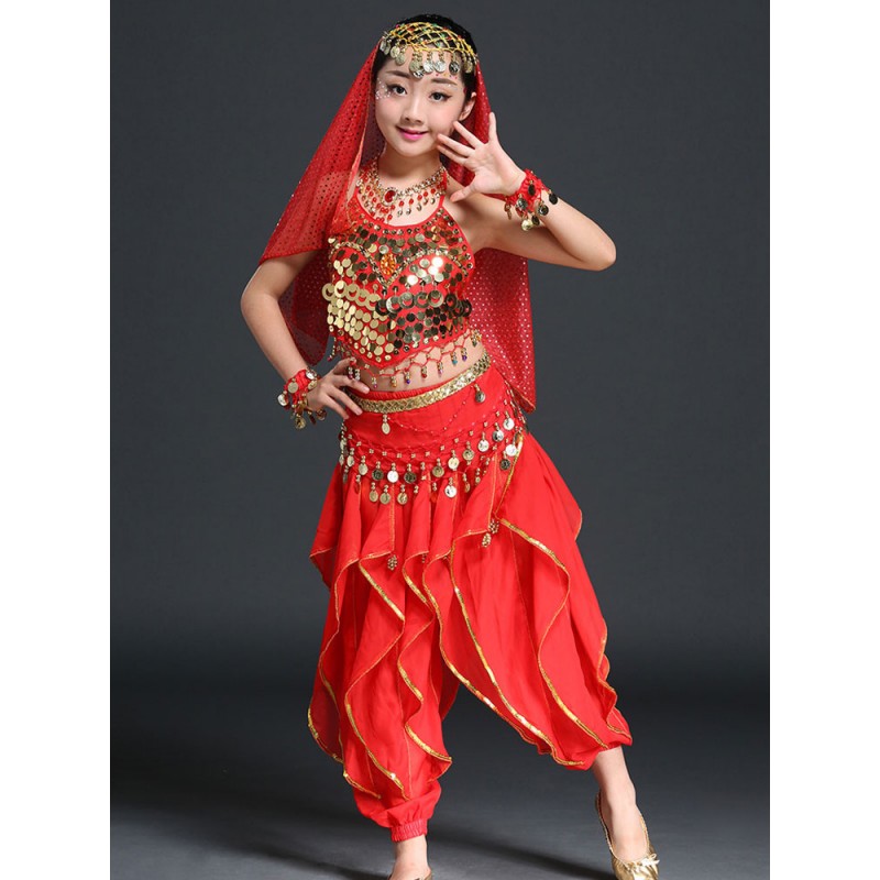 Kids Halloween Costumes Red Christmas Set Kid's Polyester Fiber Chiffon Headwear Waist Chain Dancing Family Celebration Ball Belly Dancing