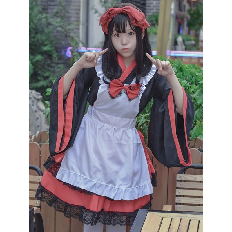 Japanese Style Lolita Costumes Lolita Dresses Polyester Ruffles Kimono Long Sleeves Black