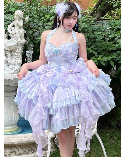 Sweet Lolita JSK Dress Ruffles Bows Lavender Lolita Jumper Skirts