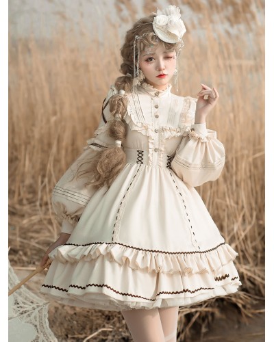 Sweet Lolita OP Dress Light Apricot Polyester Long Sleeves Cascading Ruffles Lace Up Criss-Cross Lolita One Piece Dress