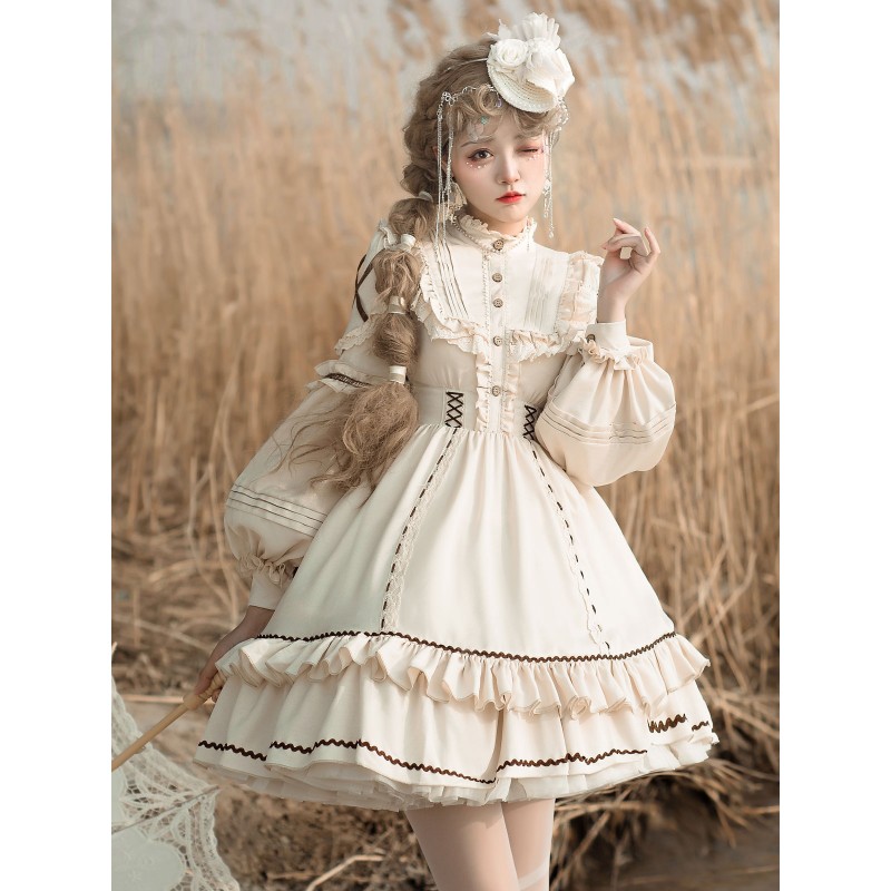 Sweet Lolita OP Dress Light Apricot Polyester Long Sleeves Cascading Ruffles Lace Up Criss-Cross Lolita One Piece Dress