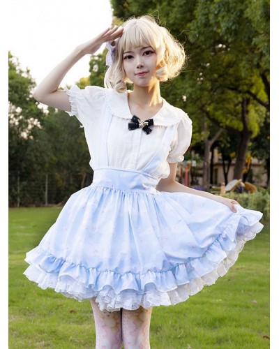 Pastoral Style Lolita SK Ruffles Light Sky Blue Floral Print Lolita Skirts