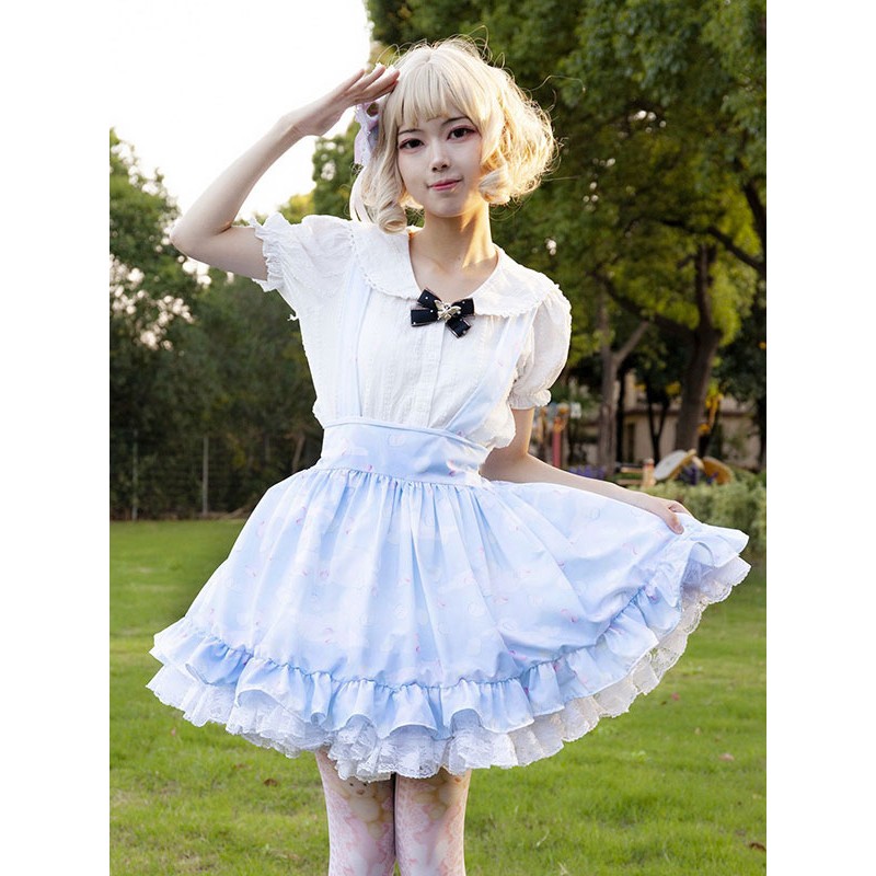 Pastoral Style Lolita SK Ruffles Light Sky Blue Floral Print Lolita Skirts