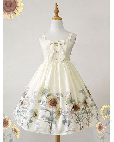 Classic Lolita JSK Dress Sunflower Print Bow White Lolita Jumper Skirt Classic  Traditional Spring Summer Daily Casual Tea Party