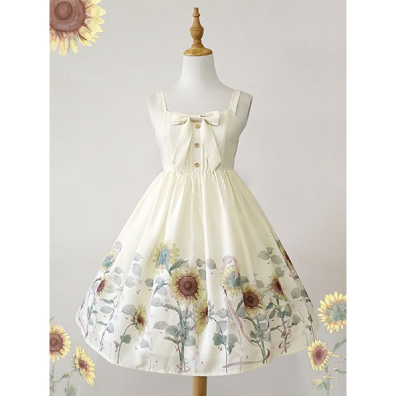 Classic Lolita JSK Dress Sunflower Print Bow White Lolita Jumper Skirt Classic  Traditional Spring Summer Daily Casual Tea Party