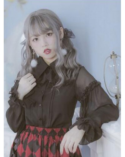 Classic Lolita Blouse Lace Trim Ruffle Illusion Chiffon Patch Black Lolita Shirt Tops Classic  Traditional Daily Casual Tea Party