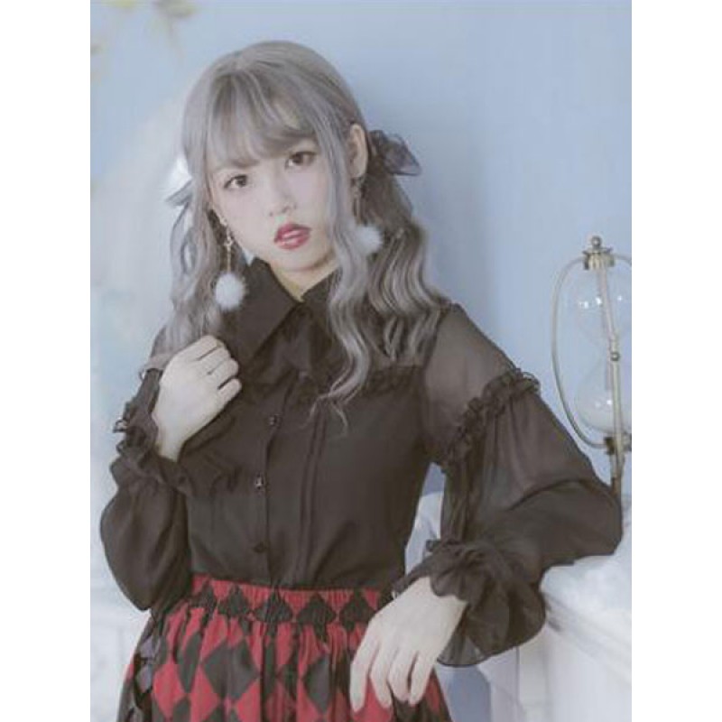 Classic Lolita Blouse Lace Trim Ruffle Illusion Chiffon Patch Black Lolita Shirt Tops Classic  Traditional Daily Casual Tea Party