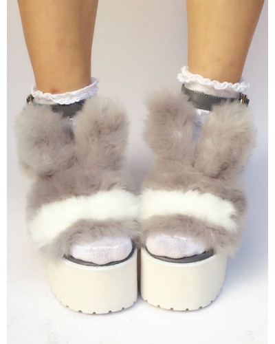 Sweet Lolita Shoes Faux Fur Bunny Platform Chunky Heel Open Toe Lolita Sandals