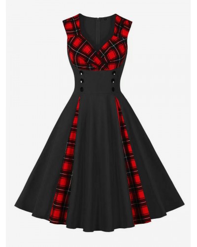 Retro Dress Sweetheart Neck Sleeveless 1950s Audrey Hepburn Style Plaid Knee Length Black Rockabilly Dress Bodycon Classic  Traditional Chic  Modern Casual Spring Summer Fall