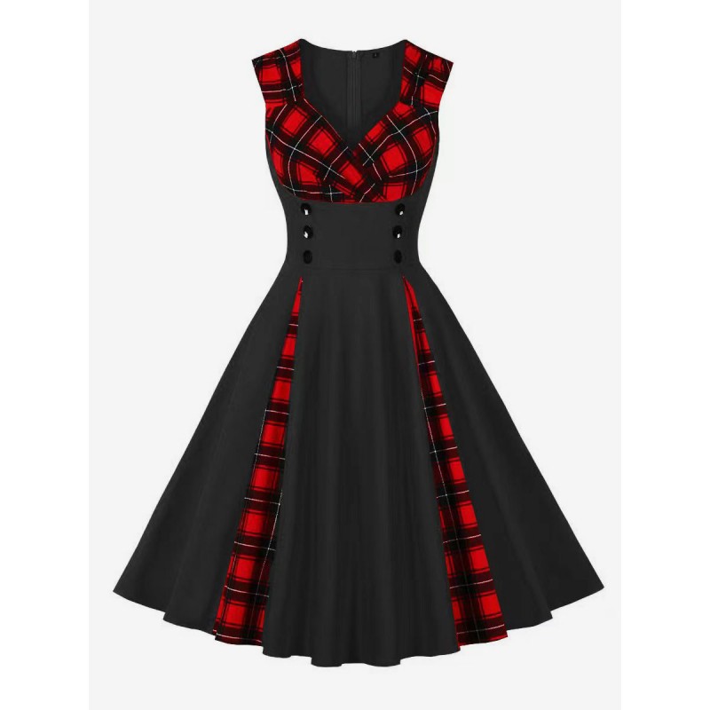 Retro Dress Sweetheart Neck Sleeveless 1950s Audrey Hepburn Style Plaid Knee Length Black Rockabilly Dress Bodycon Classic  Traditional Chic  Modern Casual Spring Summer Fall