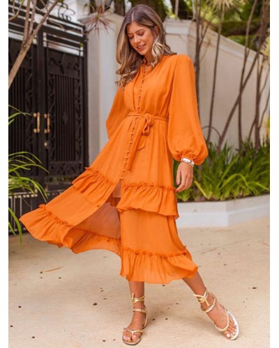 Women Midi Dress V-Neck Buttons Orange Long Beach Dress Casual Street Wear Daily Casual Resort Wear