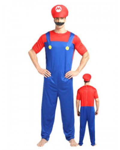 Men's Halloween Costume Red Super Mario Bros Two Tone Jumpsuit With Hat And Bread Waluigi Costume