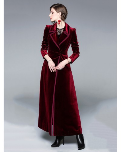 Women's Wrap Coat Turndown Collar Burgundy Outerwear Retro Fall Winter