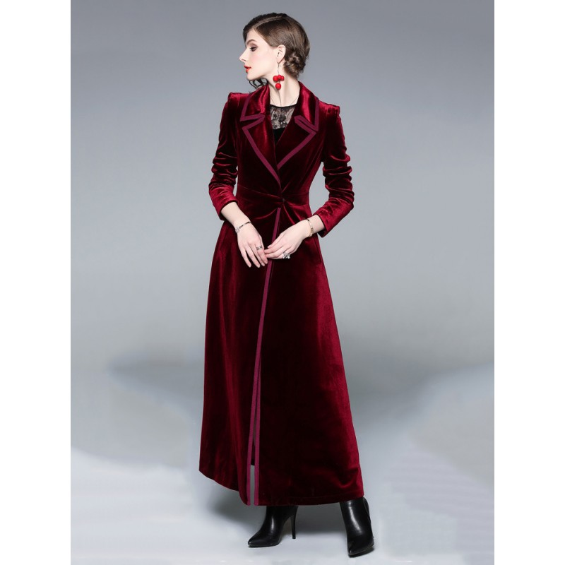 Women's Wrap Coat Turndown Collar Burgundy Outerwear Retro Fall Winter