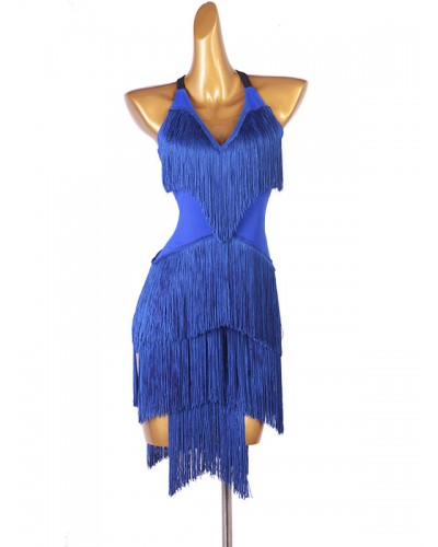 Women Latin Dance Costume Blue 's Polyester Dress Backless Fringe Latin Dancer Dancing Wear Bodycon Sexy