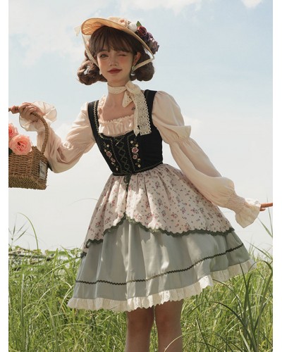 Lolita Dresses Tea Party Style Lolita Skirt Ruffles Sleeveless Polyester Pastoral Style Floral Print Light Green