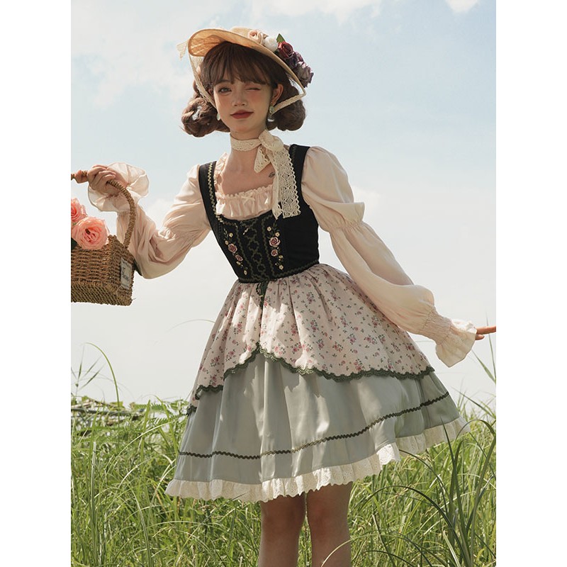 Lolita Dresses Tea Party Style Lolita Skirt Ruffles Sleeveless Polyester Pastoral Style Floral Print Light Green