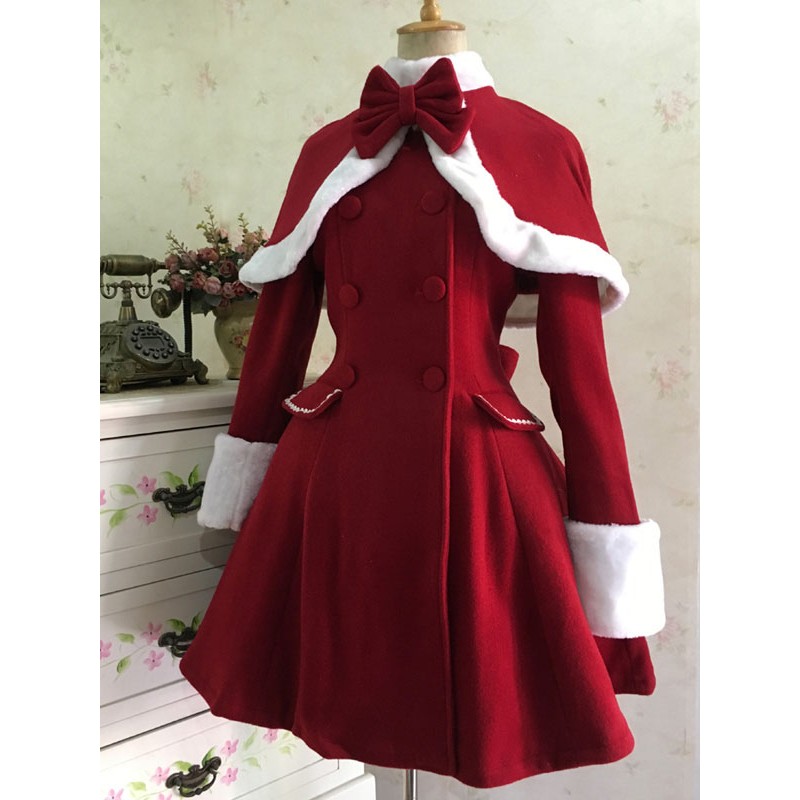 Classic Lolita Wool Coat Bow Double Breasted Furry Lolita Overcoat Winter