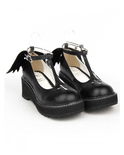 Gothic Lolita Shoes Cross Platform Wedge T-strap Lolita Shoes With Evil Wing