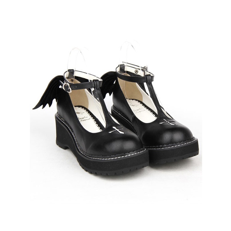 Gothic Lolita Shoes Cross Platform Wedge T-strap Lolita Shoes With Evil Wing