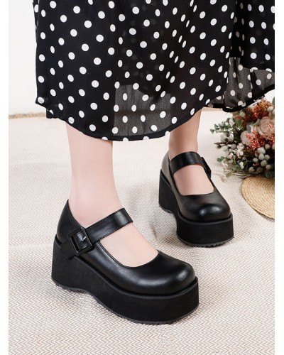 Academic Lolita Footwear Black Round Toe PU Leather Daily Casual Lolita Pumps