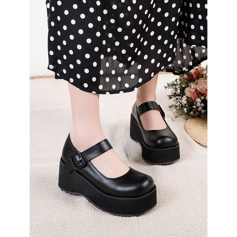 Academic Lolita Footwear Black Round Toe PU Leather Daily Casual Lolita Pumps