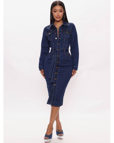 Dresses Blue Turndown Collar Buttons Long Sleeves Denim Stretch Midi Dress Dresses Shirt Street Wear Daily Casual