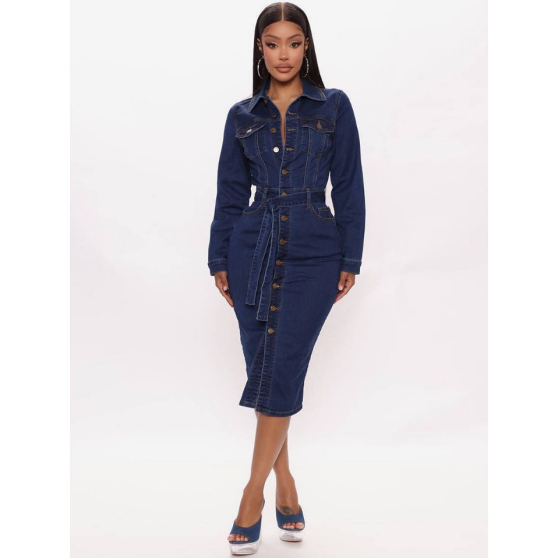 Dresses Blue Turndown Collar Buttons Long Sleeves Denim Stretch Midi Dress Dresses Shirt Street Wear Daily Casual