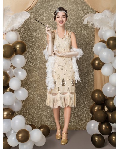 1920s Fashion Style Costume Flapper Dress Vintage Great Gatsby Dress For Ladies Airport Round Neck Short Sleeves 20s Party Outfits Midi Dress With Tassels Carnival Mardi Gras Halloween