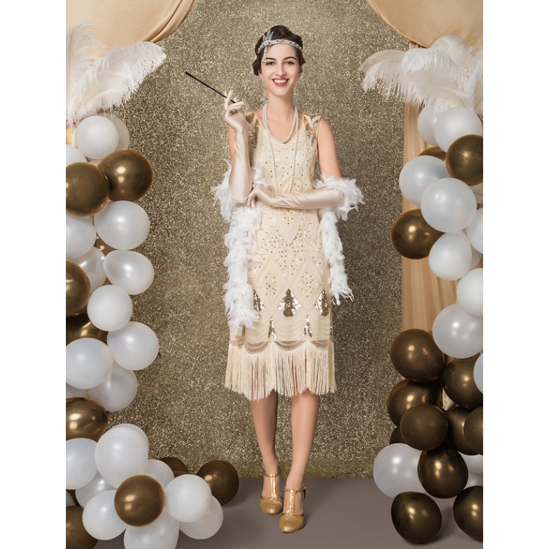 1920s Fashion Style Costume Flapper Dress Vintage Great Gatsby Dress For Ladies Airport Round Neck Short Sleeves 20s Party Outfits Midi Dress With Tassels Carnival Mardi Gras Halloween