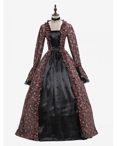 Women Victorian Dress Costume 's Brown Ball Gown Masquerade Floral Print Royal Long Sleeves Coffee Brown Victorian Era Clothing Retro Costume Sets Baroque