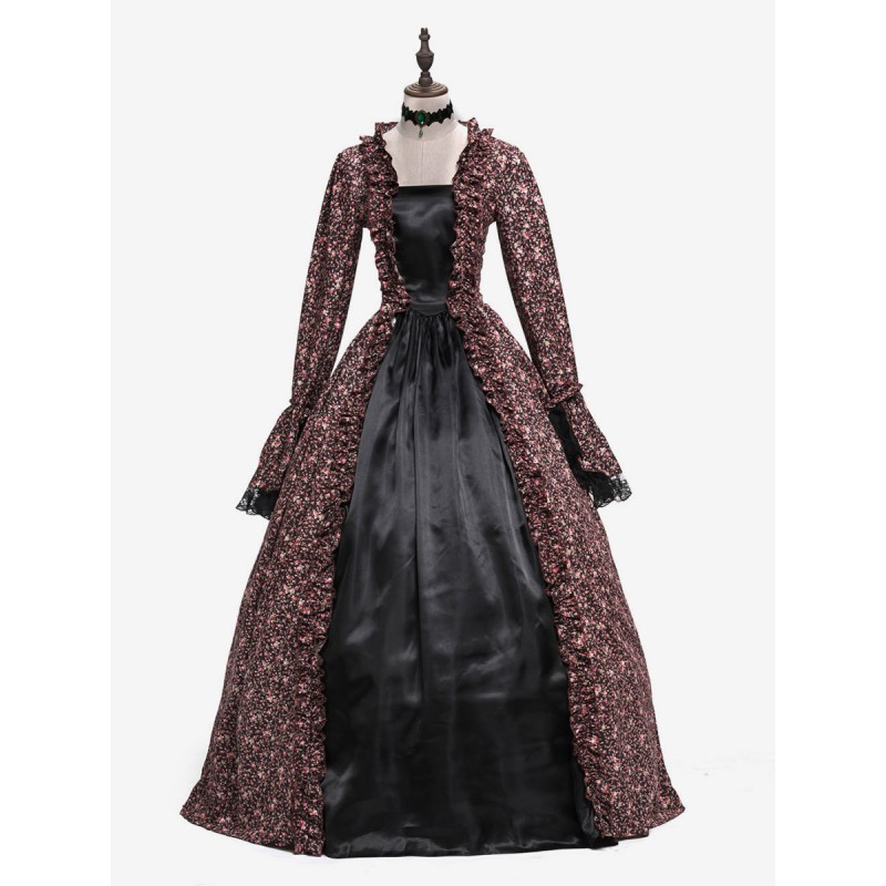 Women Victorian Dress Costume 's Brown Ball Gown Masquerade Floral Print Royal Long Sleeves Coffee Brown Victorian Era Clothing Retro Costume Sets Baroque