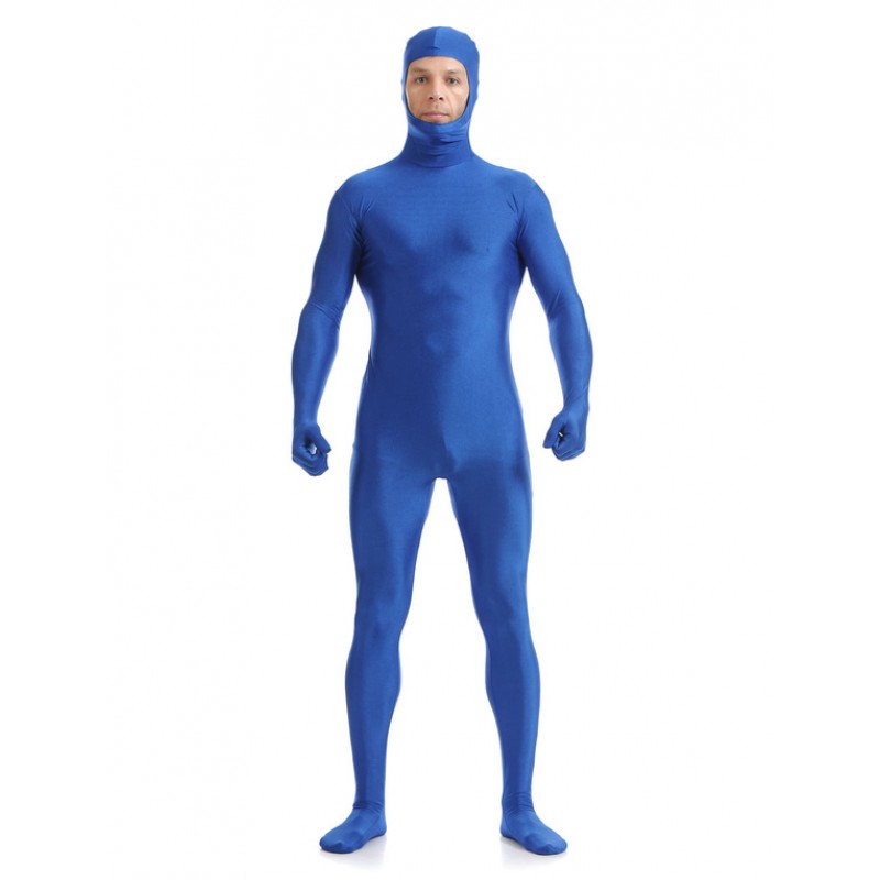 Blue Adults Zentai Suit Lycra Spandex Bodysuit With Face Opened