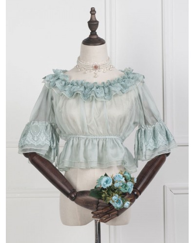 Sweet Lolita Blouse Lace Ruffle Velour Light Green Lolita Crop Top Summer