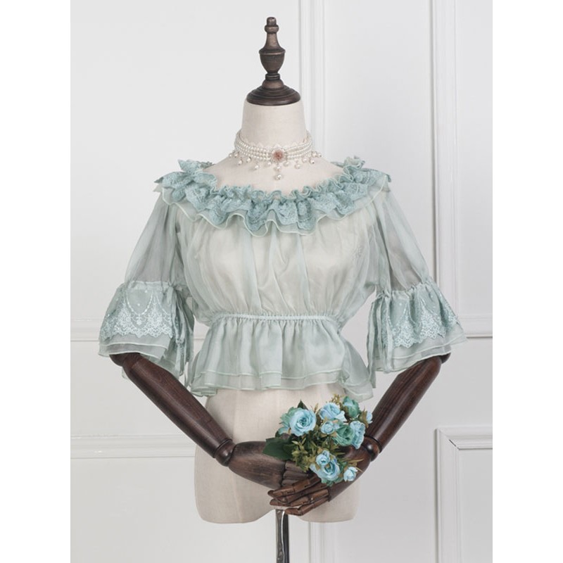 Sweet Lolita Blouse Lace Ruffle Velour Light Green Lolita Crop Top Summer