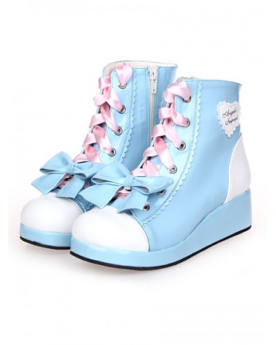 Sweet Lolita Shoes Blue Wedge Lace Up Bow Zipper Lolita Boots