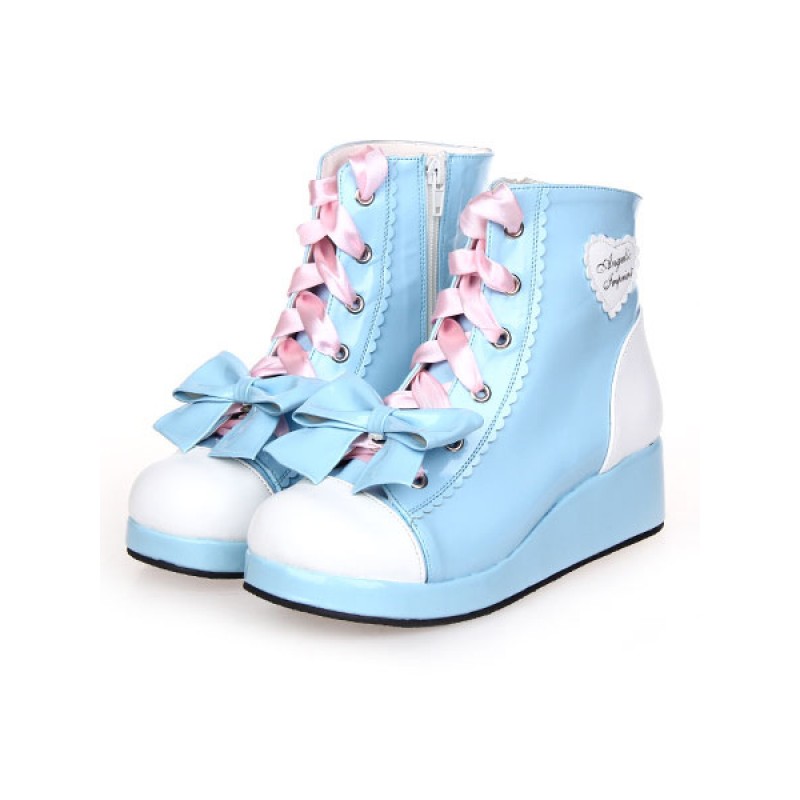 Sweet Lolita Shoes Blue Wedge Lace Up Bow Zipper Lolita Boots