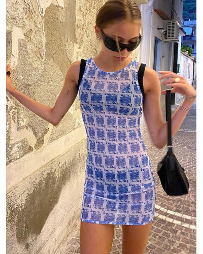 Women Dresses Printed Blue Jewel Neck Sheer Casual Sleeveless Pencil Dress Bodycon Summer