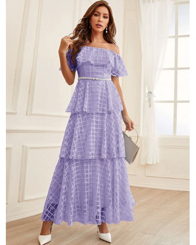 Maxi Dress Bateau Neck Short Sleeves Casual Sheer Floor Length Dress Pastoral Style Dating